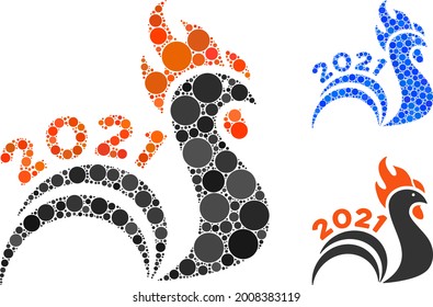 Collage 2021 Hahn-Schwanz-Symbol bestehend aus sphärischen Elementen in unterschiedlichen Größen, Positionen und Proportionen. Blaue und originale Versionen von 2021 Hahnenschwanzsymbol.