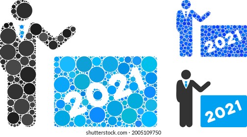 Collage 2021 showing man icon constructed from round elements in different sizes, positions and proportions. Blue and original versions of 2021 showing man icon.