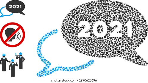 Collage 2021 webinar icon organized from rough parts in different sizes, positions and proportions. Vector trembly parts are combined into abstract collage 2021 webinar icon.
