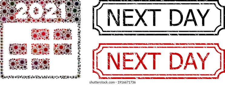 Calendario de 2021 semanas de collage diseñado a partir de iconos cómodos, y grunge los sellos rectangulares de Next Day con muescas.