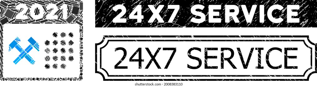 Collage 2021 working days constructed from rectangle parts, and black grunge 24X7 Service rectangle badge with notches.