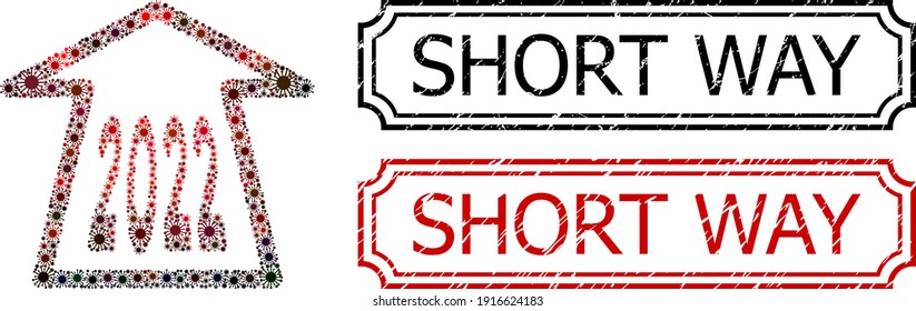 Collage 2022 Ahead Pfeil aus covid-2019 Icons, und Grunge Short Way Rechteck Stempel mit Kerben.
