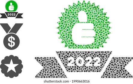 Collage 2022 award ribbon icon composed of ragged spots in random sizes, positions and proportions. Vector ragged spots are combined into abstract mosaic 2022 award ribbon icon.