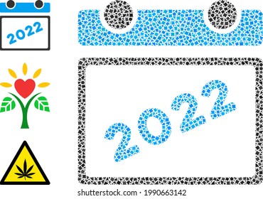 Collage 2022 calendar leaf icon organized from rugged parts in variable sizes, positions and proportions. Vector tuberous dots are organized into abstract collage 2022 calendar leaf icon.