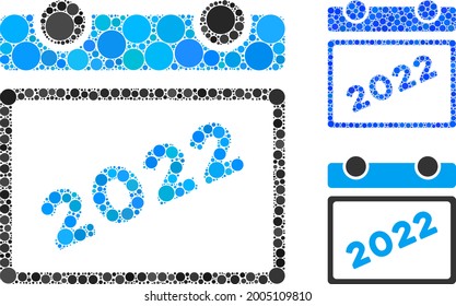 Icono de la hoja de calendario Collage 2022 compuesto de elementos esféricos en tamaños, posiciones y proporciones aleatorias. Versión azul y original del icono de hoja de calendario 2022.