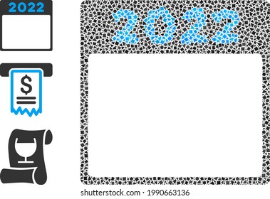 Collage 2022 calendar page icon organized from abrupt spots in different sizes, positions and proportions. Vector inequal parts are organized into abstract collage 2022 calendar page icon.