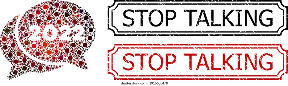 Collage 2022 chat messages composed of flu virus icons, and grunge Stop Talking rectangle stamps with notches.