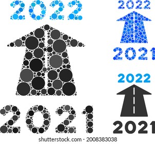 Collage 2022 future road icon united from circle items in different sizes, positions and proportions. Blue and original versions of 2022 future road icon.