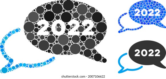 Collage 2022 webinar icon composed of circle elements in random sizes, positions and proportions. Blue and original versions of 2022 webinar icon.