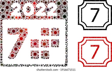 Collage 2022 year 7 days organized from coronavirus items, and grunge 7 rectangle seals with notches.