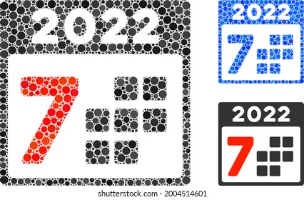 Collage 2022 year 7 days icon composed of round elements in random sizes, positions and proportions. Blue and original versions of 2022 year 7 days icon.