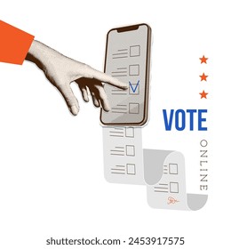 Collage for 2024 election. Minimalistic banner with halftone hand pushing voting form on the phone screen. Collage for US Election 2024 campaign. Vector illustration