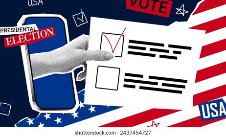 Collage for 2024 US presidential election. Vector banner with halftone hand sticking out from phone and holding voting form. Collage for US Election 2024 campaign. Vote day, November 5.