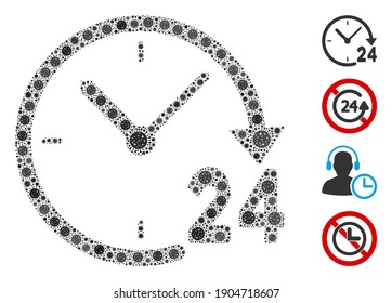 Reloj de 24 horas compuesto de íconos del virus de la gripe en tamaños variables y tonos de color. Los elementos virales vectoriales se componen en un colaje abstracto icono de reloj de 24 horas. Se añaden algunos iconos adicionales.