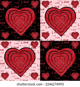 Collage of 3d cut out paper monogram heart on the black background with inscription love. Valentines day card. Valentine concept. Website banner with heart.