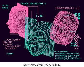 Collage of 3D faces made of a polygonal mesh. Conceptual illustration of artificial intelligence and recognition systems.