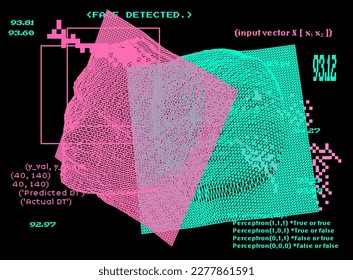 Collage of 3D faces made of a polygonal mesh. Conceptual illustration of artificial intelligence and recognition systems.