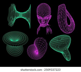 Un collage de figuras 3D y Formas hechas de wireframes que representan las futuras tecnologías artificiales.