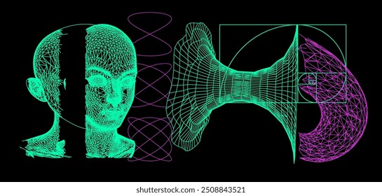 Collage of 3d head made of mesh, the wormhole and golden section on dark background. Illustration in techno futuristic style. - Powered by Shutterstock - Get 15% off with code: PIKWIZARD15