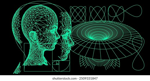 Eine Collage aus 3D-Kopf und Formen, die zukünftige künstliche Technologien und Warp in Zeit und Raum darstellen.
