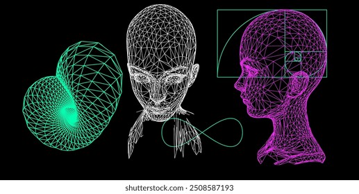 Collage of 3d heads made of mesh and golden section on dark background. Illustration in techno futuristic style. - Powered by Shutterstock - Get 15% off with code: PIKWIZARD15