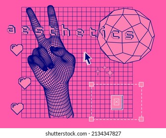 Collage with 3D low poly model of a hand showing V-sign and user interface elements. Webpunk vaporwave style.