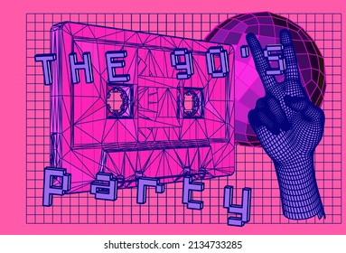 Collage with 3D low poly model of a hand showing V-sign and music cassette tape. Webpunk vaporwave style.