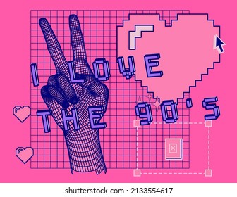 Collage con un modelo 3D de bajo polo de una mano que muestra el signo V y un corazón de píxel sobre un fondo rosado. Estética de estilo Webpunk.