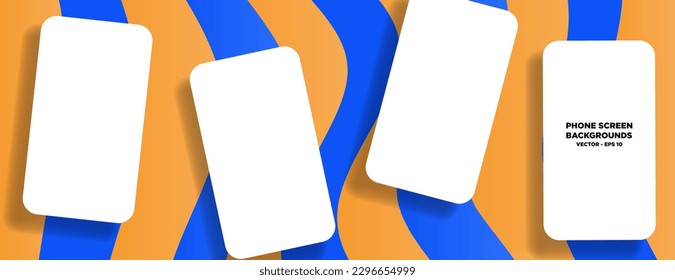 Collage de 3D Phone Screen Mockup Frames on Orange and blue abstract Background. Banner de ondas coloridas con espacio de pantalla móvil para fotos, diseños, texto. Ilustración vectorial. EPS 10.