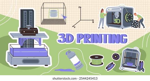 Collage of 3d printing. 3d printers, plastic wire and computer modeling. 3D printing concept. Hand drawing holiday illustration for banner, poster