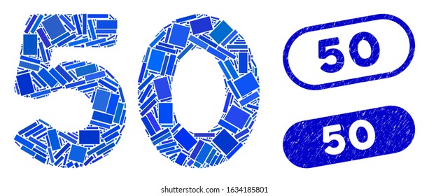 Collage 50 digits text and corroded stamp seals with 50 phrase. Mosaic vector 50 digits text is composed with randomized rectangle items. 50 stamp seals use blue color, and have round rectangle shape.