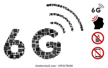 Collage 6G icon composed of square items in different sizes and color hues. Vector square items are combined into abstract collage 6G icon. Bonus icons are placed.