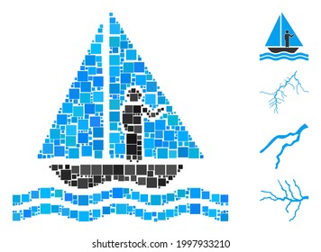 Collage Aboard yacht icon designed from square elements in different sizes and color hues. Vector square elements are organized into abstract composition aboard yacht icon. Bonus pictograms are added.
