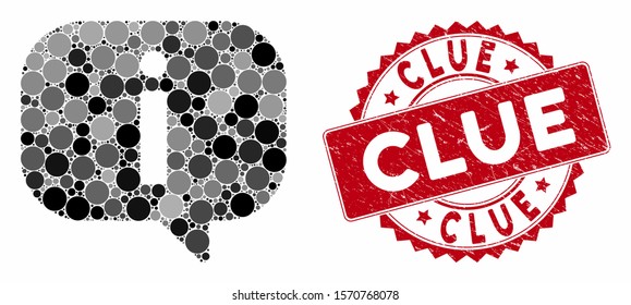 Collage About And Rubber Stamp Seal With Clue Caption. Mosaic Vector Is Composed With About Icon And With Randomized Round Spots. Clue Stamp Seal Uses Red Color, And Dirty Surface.