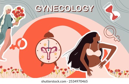 A collage about women's health. Uterus in clock illustration, banner about women s health, menstruation conception. Vector template with copy space, flat design. Hand drawn vector.