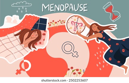 A collage about women's health. World menopause day. Gynecology.  Poppies as a symbol of menstruation. Sleep disturbance, a symptom of menopause. Woman with clock with uterus.Hand drawn vector.