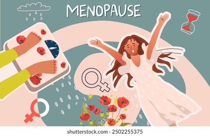 Un collage sobre la salud de la mujer. Día Mundial de la Menopausia. Ginecología.  Amapolas como símbolo de la menstruación. Alteración de peso, sofocos, síntomas. Ilustración vectorial de dibujo a mano.