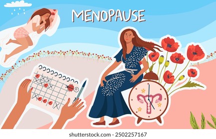 A collage about women's health. World menopause day. Gynecology.  Poppies as a symbol of menstruation. Night tides, symptoms, uterus clock, cycle. Hand drawn vector illustration.