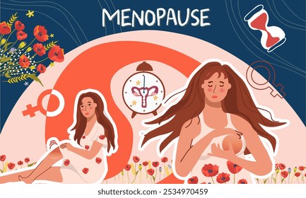 Uma colagem sobre a saúde da mulher. Dia mundial da menopausa. Ginecologia.  Símbolo da menstruação. Dor torácica, dor nas articulações, sintoma de menopausa. Mulheres com relógio com uterus.Hand desenhado ilustração vetor.