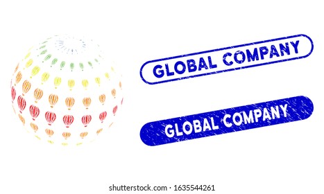 Collage abstract aerostat sphere and corroded stamp seals with Global Company caption. Mosaic vector abstract aerostat sphere is formed with scattered rectangle items.