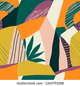 Collage abstract contemporary hawaiian seamless pattern. Modern exotic jungle fruits and plants illustration in vector.