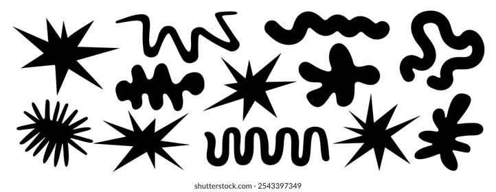 Collage of abstract figures and shapes. Geometric elements. Fluid textures. stickers in retro and vintage 90s style. 2000s. Collection and set. Doodle. Hand drawn. Groovy. Liquid vector. Grunge effect