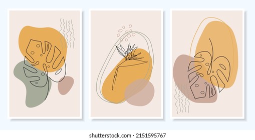 Collage with abstract floral elements and geometric shapes banner. Hand drawn monstera leaves and flower of paradise for print, cover, wallpaper, minimal and natural wall art in boho style. Vector ill