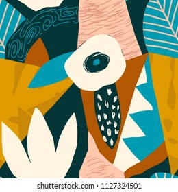 Collage abstract floral seamless pattern. Contemporary illustration