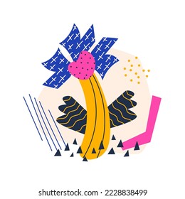 Collage with abstract flower and different shapes with textures. Childish print with simple elements from paper cut pieces. Vector flat illustration for design of greeting and event cards, posters