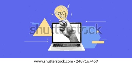 Collage abstract geometric banner. Purple background with yellow and blue shapes. With halftone elements. The hand is hold lamp as a idea with laptop mockup. Pop art dadaism trendy style. 