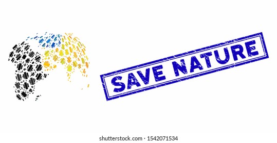 Collage abstract globe with colored dotted continents and grunge stamp seal with Save Nature text. Mosaic vector abstract globe with colored dotted continents is formed with randomized rectangles.