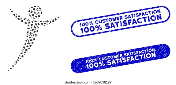 Collage abstract man and distressed stamp seals with 100% Customer Satisfaction 100% Satisfaction text. Mosaic vector abstract man is created with scattered elliptic parts.