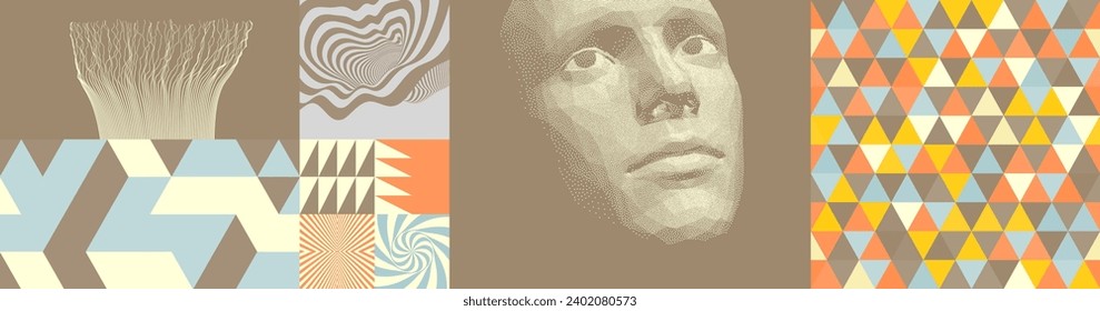 Collage. Abstract man head made from dots. Cover design template. Geometric pattern. 3D vector illustration for brochure, poster, card, invitation, poster, print, presentation, flyer or banner. 