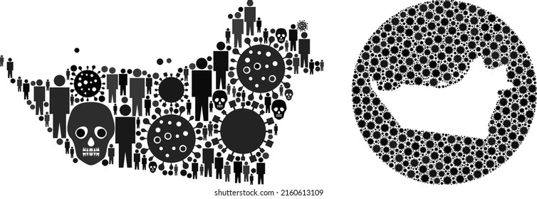 Collage Abu Dhabi Emirat Karte aus Sars-Virus-Symbole und Menschen und Todessymbole. Evil Virus Abu Dhabi Emirat Karte Collage mit Kreis und ausgeschnittene Form.